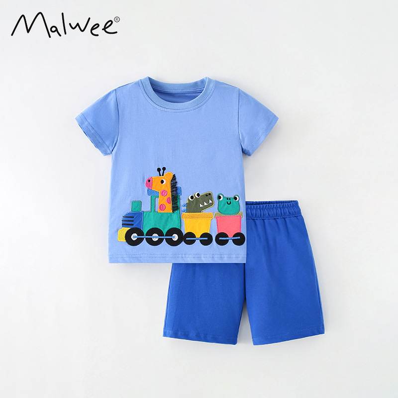 Malwee ropa para niños de verano nuevo estilo europeo y americano para niños de mediana edad casual cuello redondo pantalones de cintura elásticos para niños dos piezas set