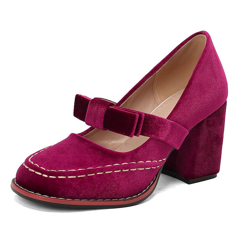 Mary Jane Women's Shoes Gold Velvet Fabric Thick Heel High Heels Cute Bow Slip-On High Heels Casual Women's Shoes