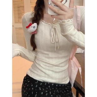 Design Sense Niche Lace Stitching Long-sleeved T-shirt Women's Spring and Autumn New Slim-fit Slimming Sweet Spice Girl Pure Desire Style Top