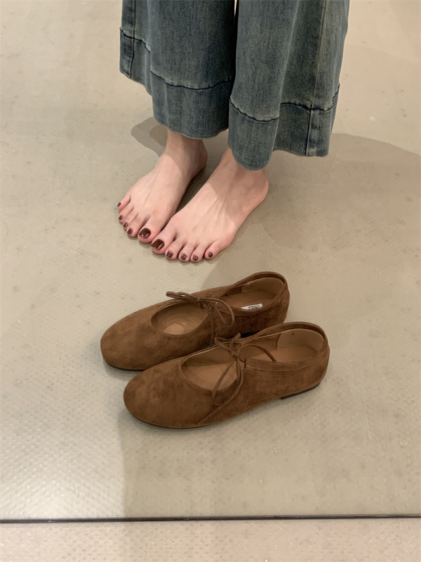 圆头绑带绒面平底芭蕾浅口软底久站通勤小单鞋新款玛丽珍瓢鞋|undefined
