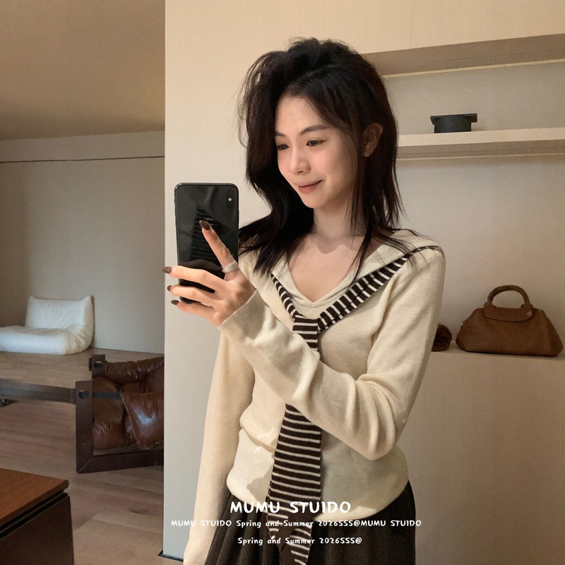 Early Autumn 2026 New Navy Collar Striped Shawl Knit Sweater Top for Women, Slim-Fit and Stylish Base Shirt Early Autumn 2026 New Navy Collar Striped Shawl Knit Sweater Top for Women, Slim-Fit and Stylish Base Shirt