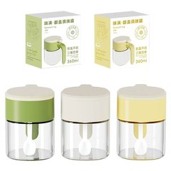 跨境亚马孙12OZ翻盖带勺调味罐密封玻璃调料瓶厨房多色香料储物罐