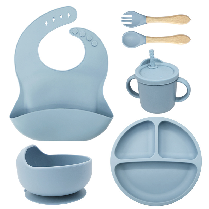 Juego de vajilla de silicona para niños Tazón de alimentación de grado alimenticio para bebés Taza de pajita molar para bebé