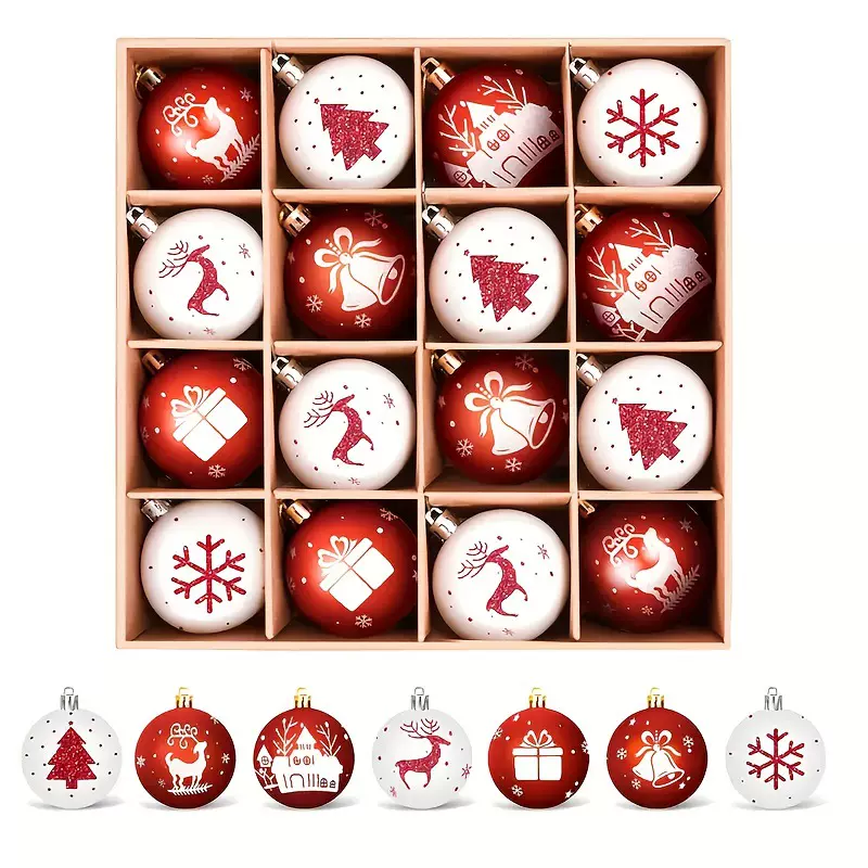 现货圣诞节装饰品 16个装手绘圣诞球圣诞树节日装饰品
