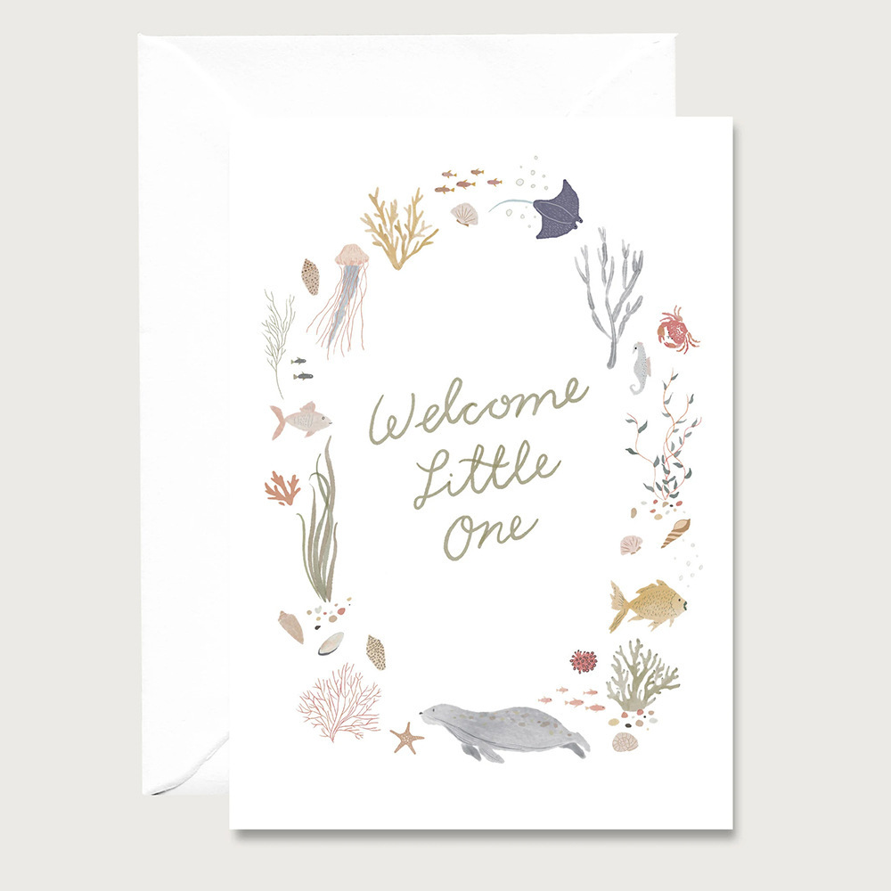 welcome little one欢迎新生儿祝福贺卡水彩海洋生物出生公告卡片