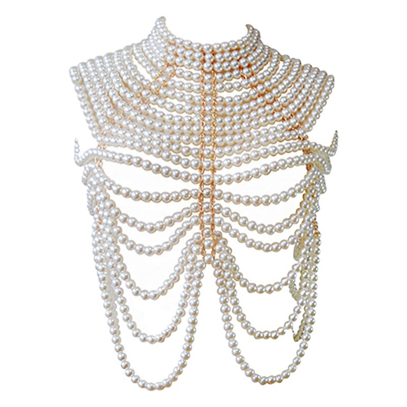 Collares de perlas multicapa retro, muy vendidos en Europa y América, adornos para el pecho, cadenas para suéter, cadenas de hombro de doble capa, cadenas corporales de perlas