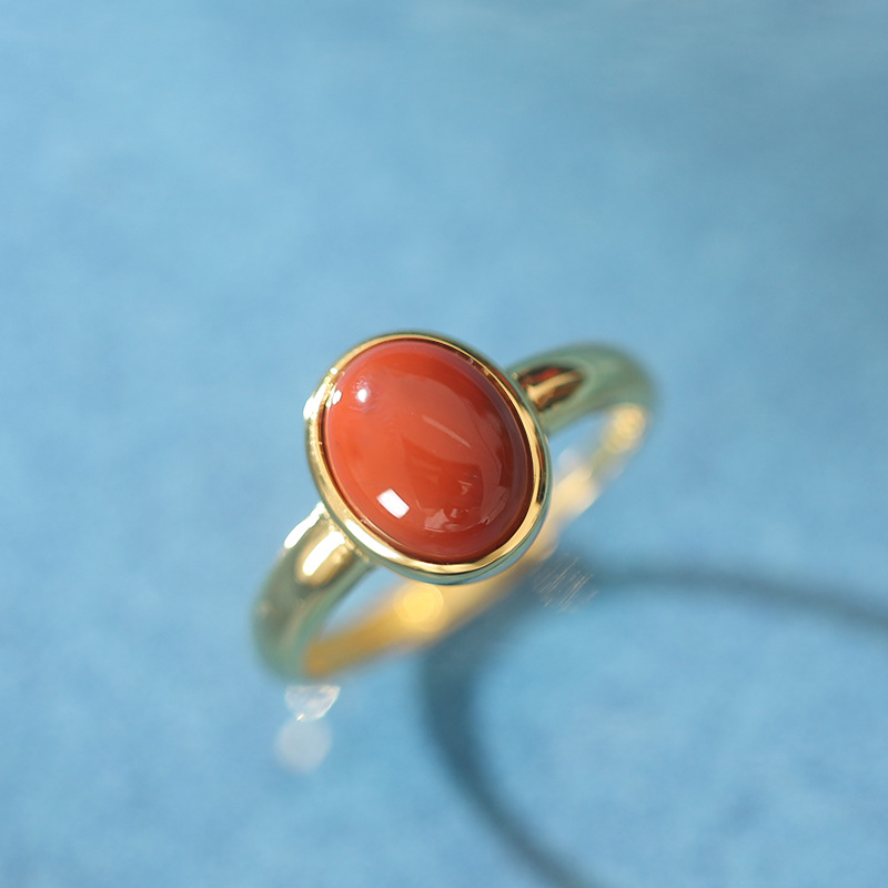 Anillo Geométrico De Ágata Roja Del Sur Chapado En Oro De Plata De Ley S925 Con Cara De Huevo Pequeño display picture 2