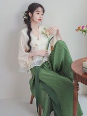 【知鶴】国風日常禅意感仙鶴刺繍茶服セット新中国式春ショートシャツ女性2点セット