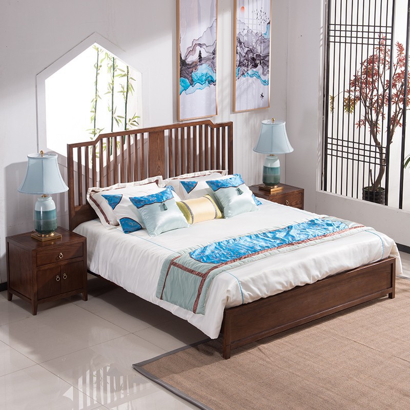 New Chinese Style Solid Wood Bed Zen Homestay Inn Club Hotel Furniture Guest Room Single Double Bed Modern Bedroom Wedding Bed