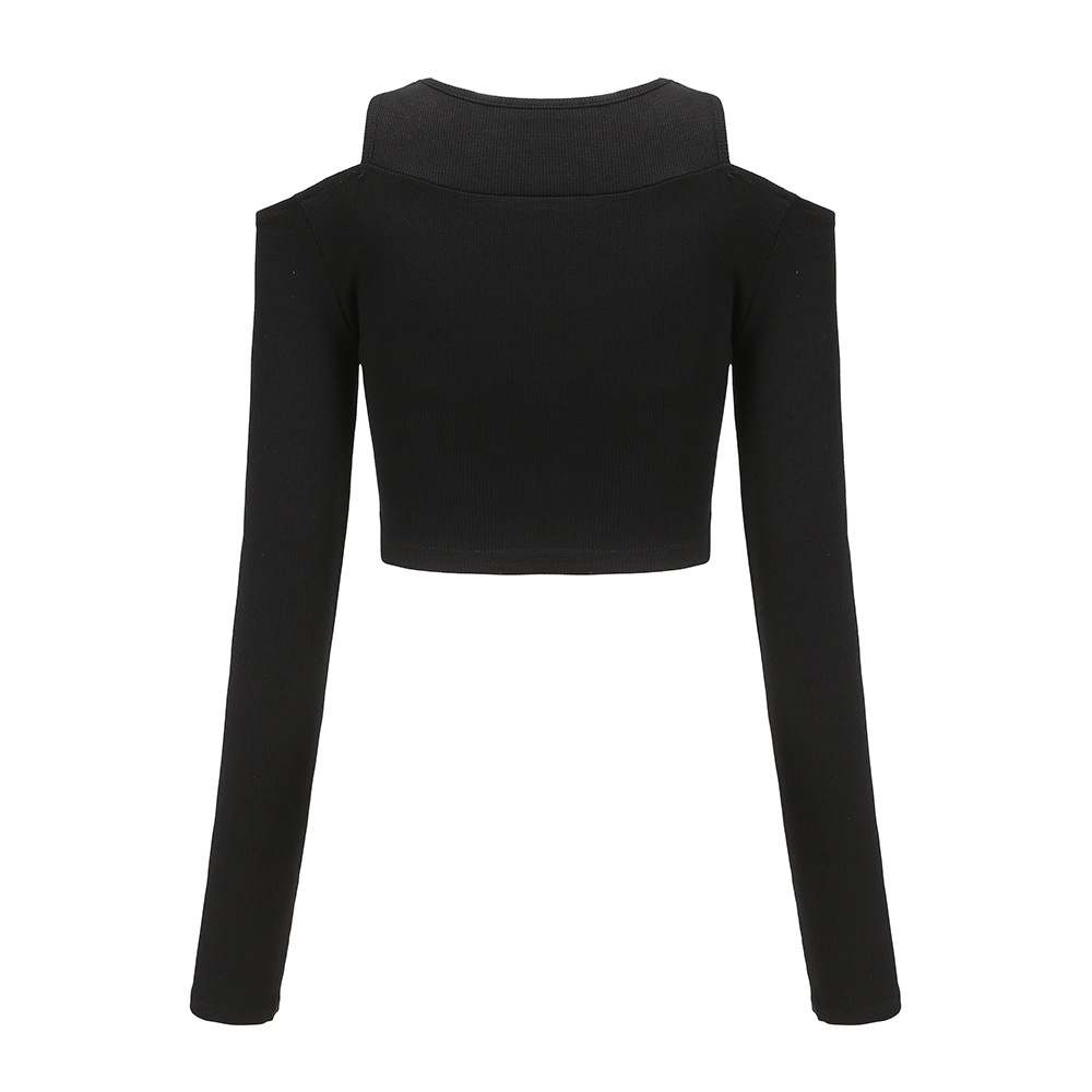 Sexy Long-Sleeved Round Neck Off-Shoulder Slim Pullover T-Shirt NSAFH95865