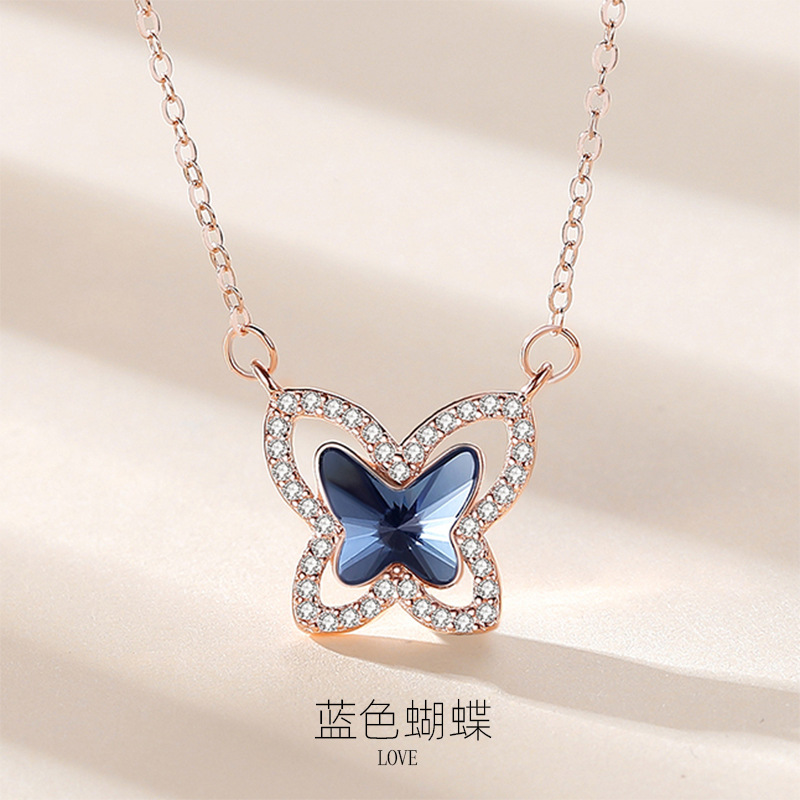 S925 Collar de plata esterlina Colgante de mariposa Cristal europeo y americano Cadena de clavícula simple y versátil Joyas de red para mujer