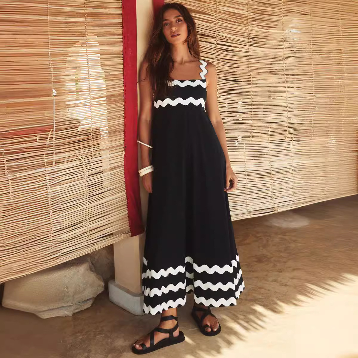Spring New Cross-border Women's Fashion European And American Printed Vintage Bohemian Style Long Strap Dress_ecoleips.com