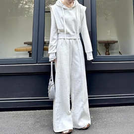 运动休闲风抽绳连帽卫衣套装女秋冬新款短款上衣拖地阔腿裤两件套