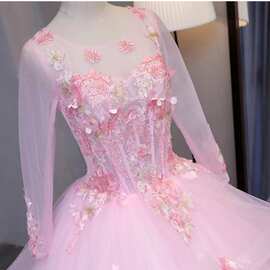 宴会晚礼服蓬蓬裙2026粉色立体花朵新娘婚纱礼服结婚敬酒服夏季款