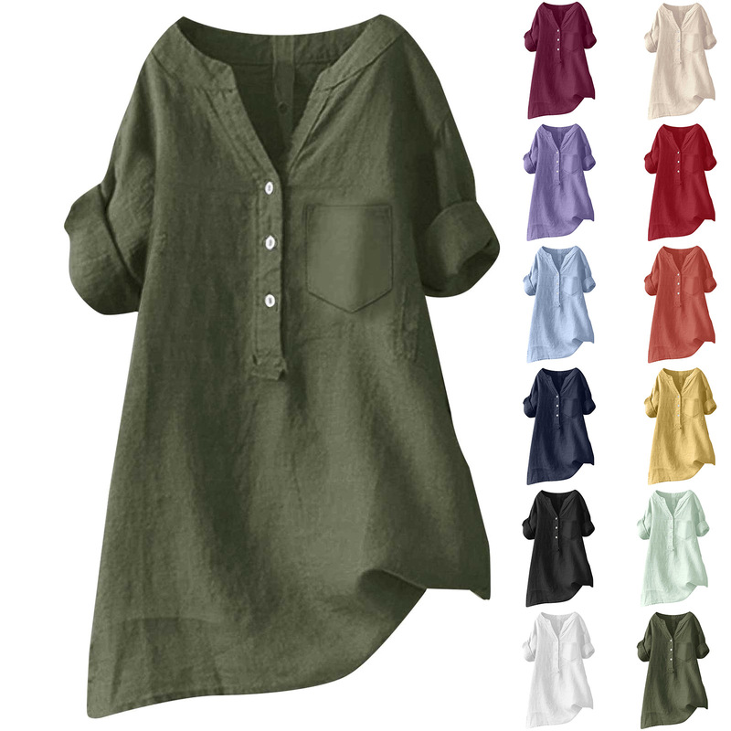2026 In-Stock Amazon Aliexpress European and American New Style Loose Solid Color Stand Collar Button Short-Sleeve Cotton Linen Top