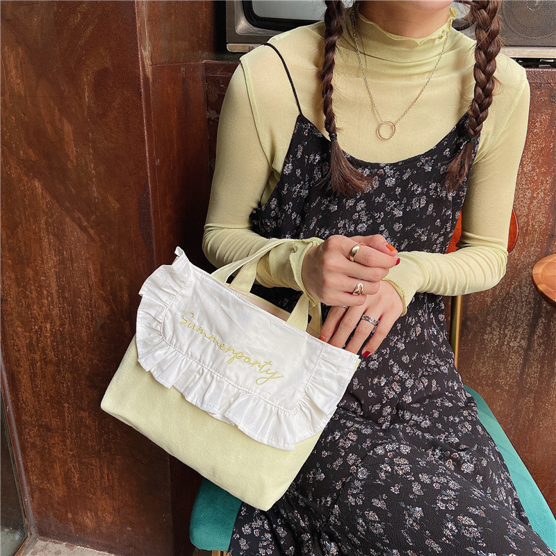 1441 Japanese and Korean chic Sweet ruffled bento Bag, Fresh embroidered hand-held small cloth bag, girl student bag wholesale undefined