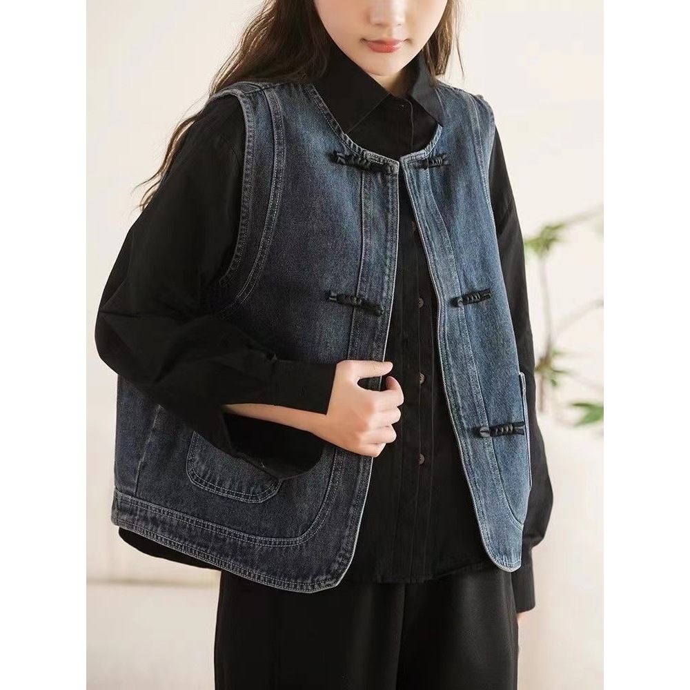 2026 New Spring/Summer New Chinese Style Retro Buttoned Denim Vest for Women Slimming Sleeveless Waistcoat