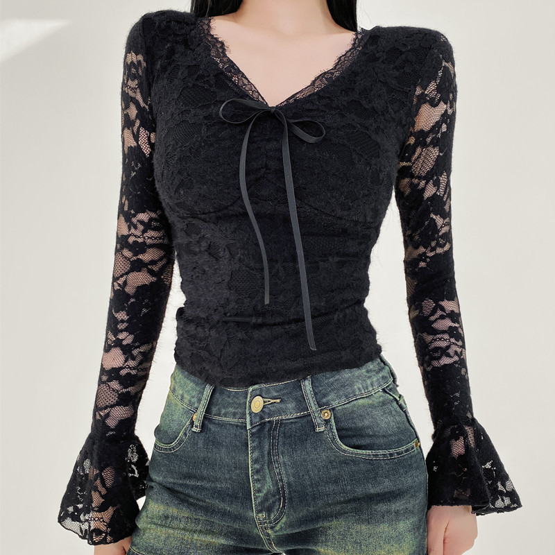 Pure Desire Style Sexy V-Neck Bell Sleeve Base Top Women's Styish Slim-Fit Bow Lace-Up Long Sleeve T-Shirt