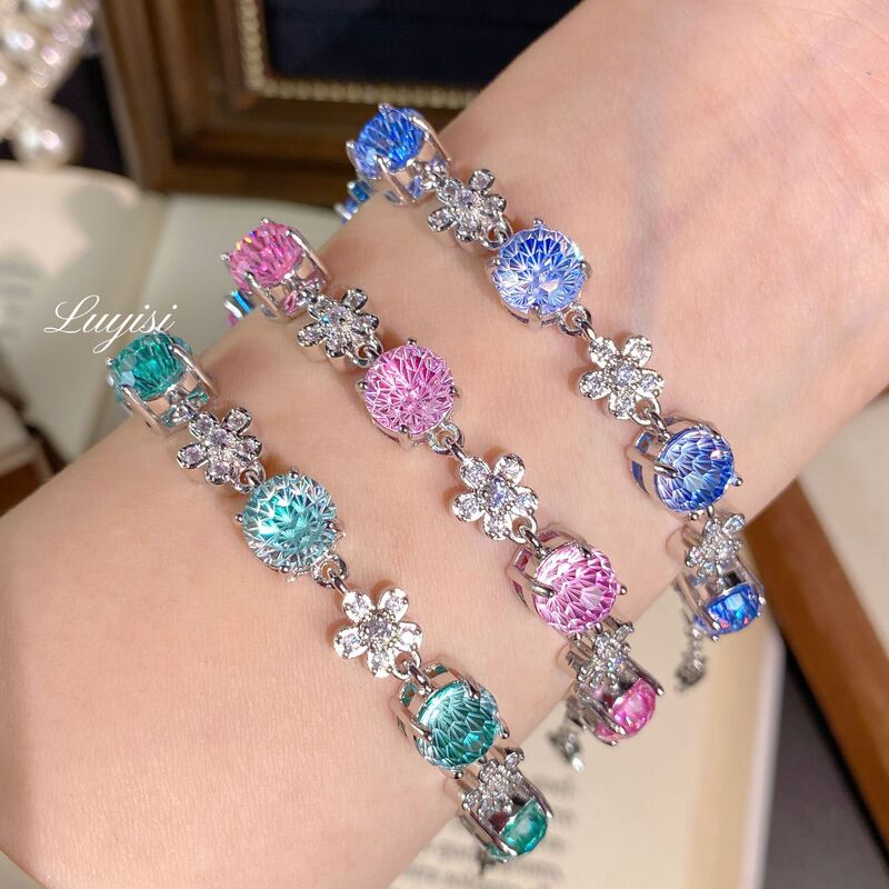 New Topaz Fireworks Cut Flower Bracelet for Women, Fashionable and Versatile, Exquisite and High-End, with Tanzanite Blue Diamond Gemstone Jewelry