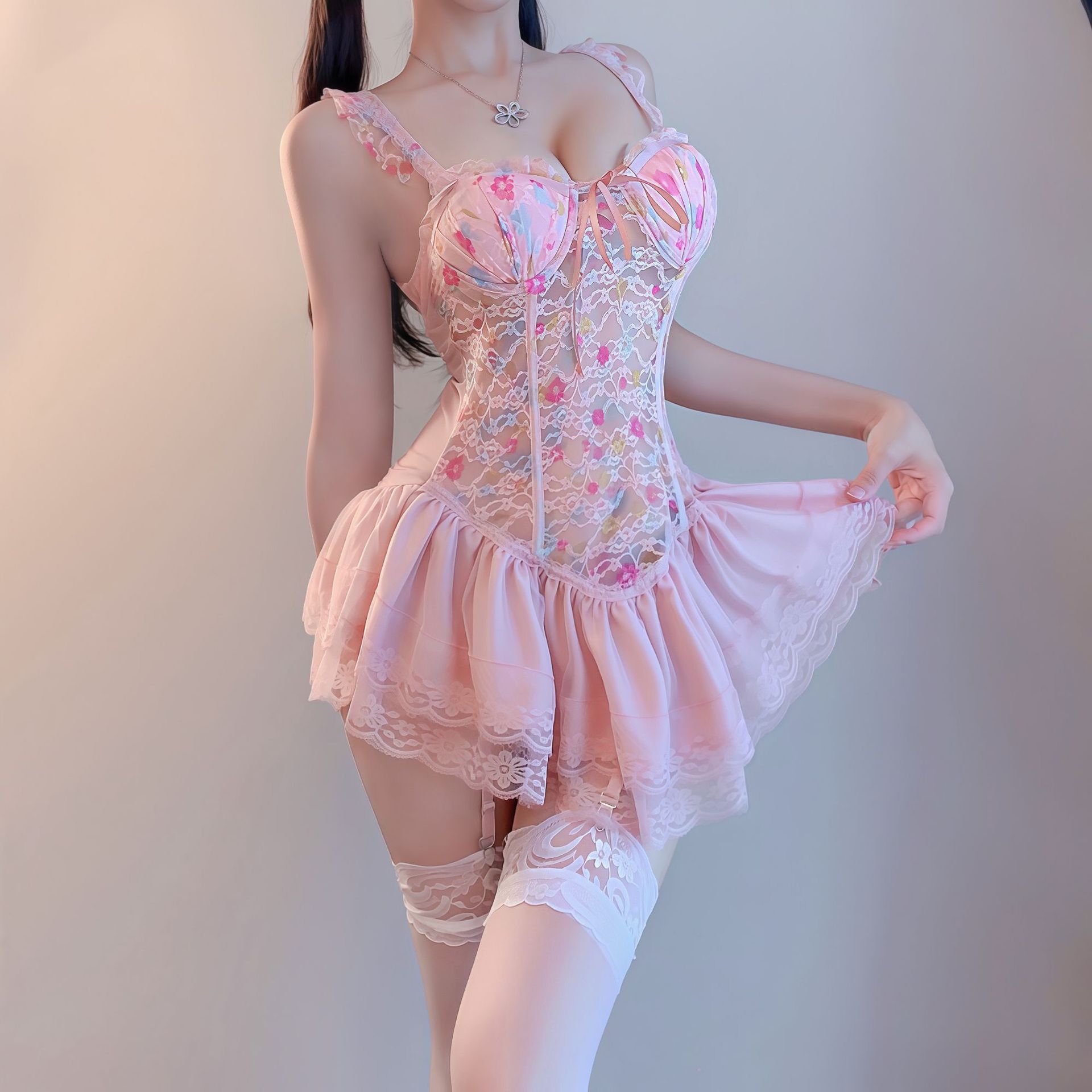 Sexy Lingerie, Sexy and Sweet Fishbone with Breast Pads, Pure Desire Floral Suspender Vest Skirt, Uniform Temptation Pajamas Qqny