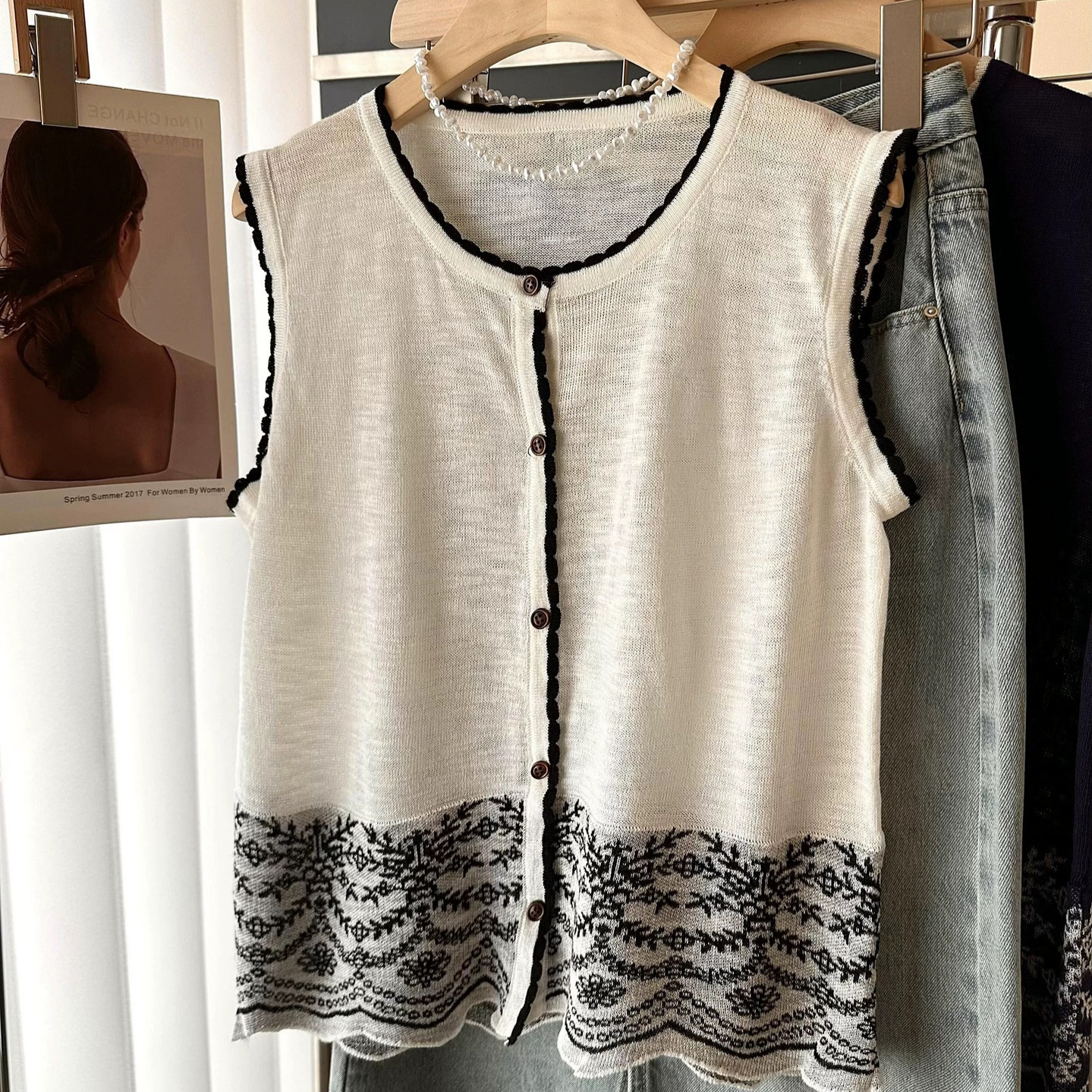 Bamboo Linen Jacquard Vest Summer Retro Ethnic Style Women's Round Neck Vest Top Women's Crochet Short Sleeves