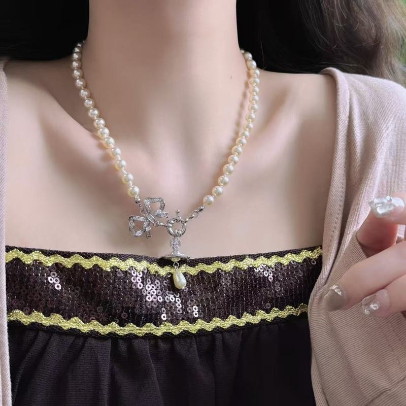 甜酷辣妹微镶锆石蝴蝶结水滴珍珠土星项链女满钻高级感轻奢锁骨链|undefined