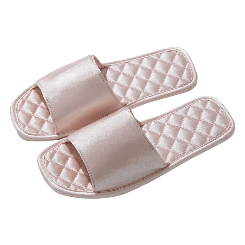 French Style Light Luxury Wedding Slippers Women's Summer Square Head Flat Comfortable Non-Slip Silk Satin Slippers for Home Use Indoor