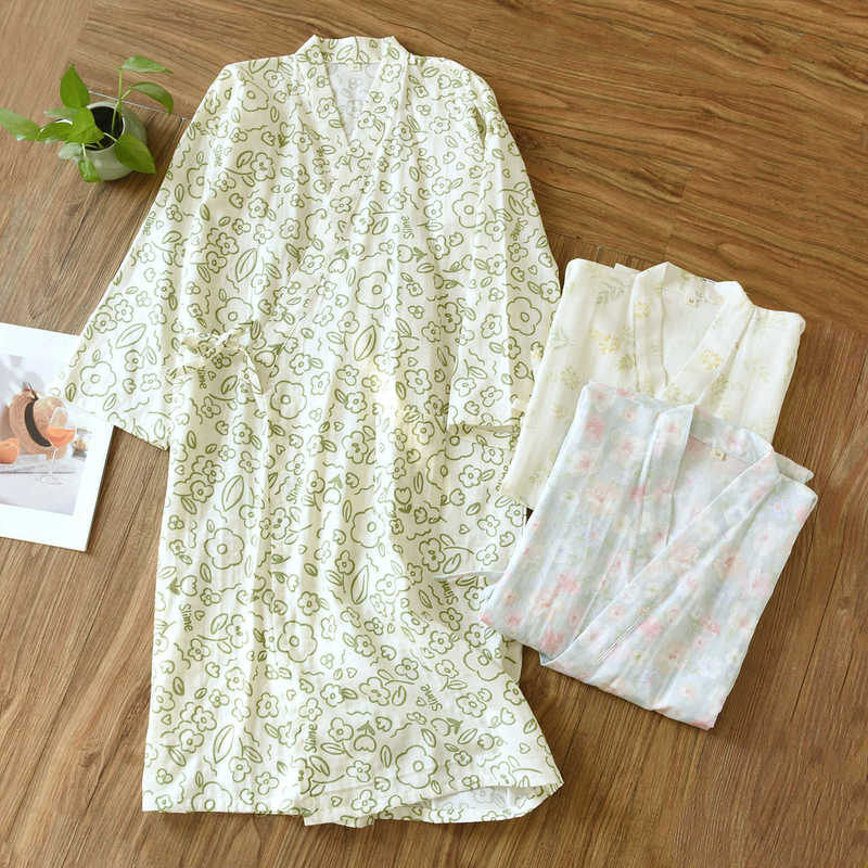 Cotton Gauze Women's Kimono Robe Lace-Up Bathrobe Sweat Steamer Mid-Length Home Wear Nightgown