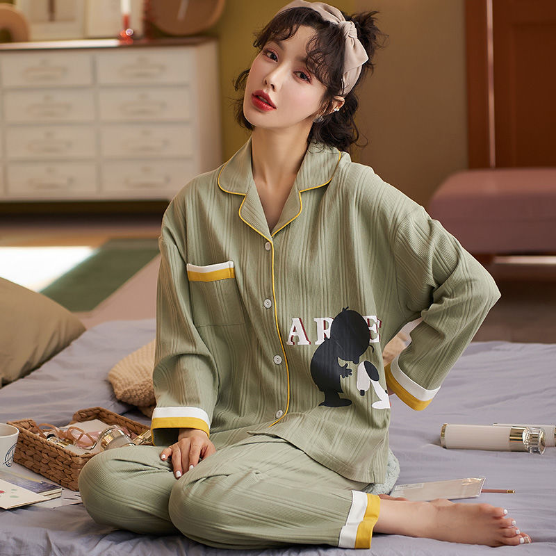 100% pijamas de algodón Primavera y otoño de las mujeres de manga larga coreana dulce princesa estilo cardigan desgaste del hogar traje de dos piezas