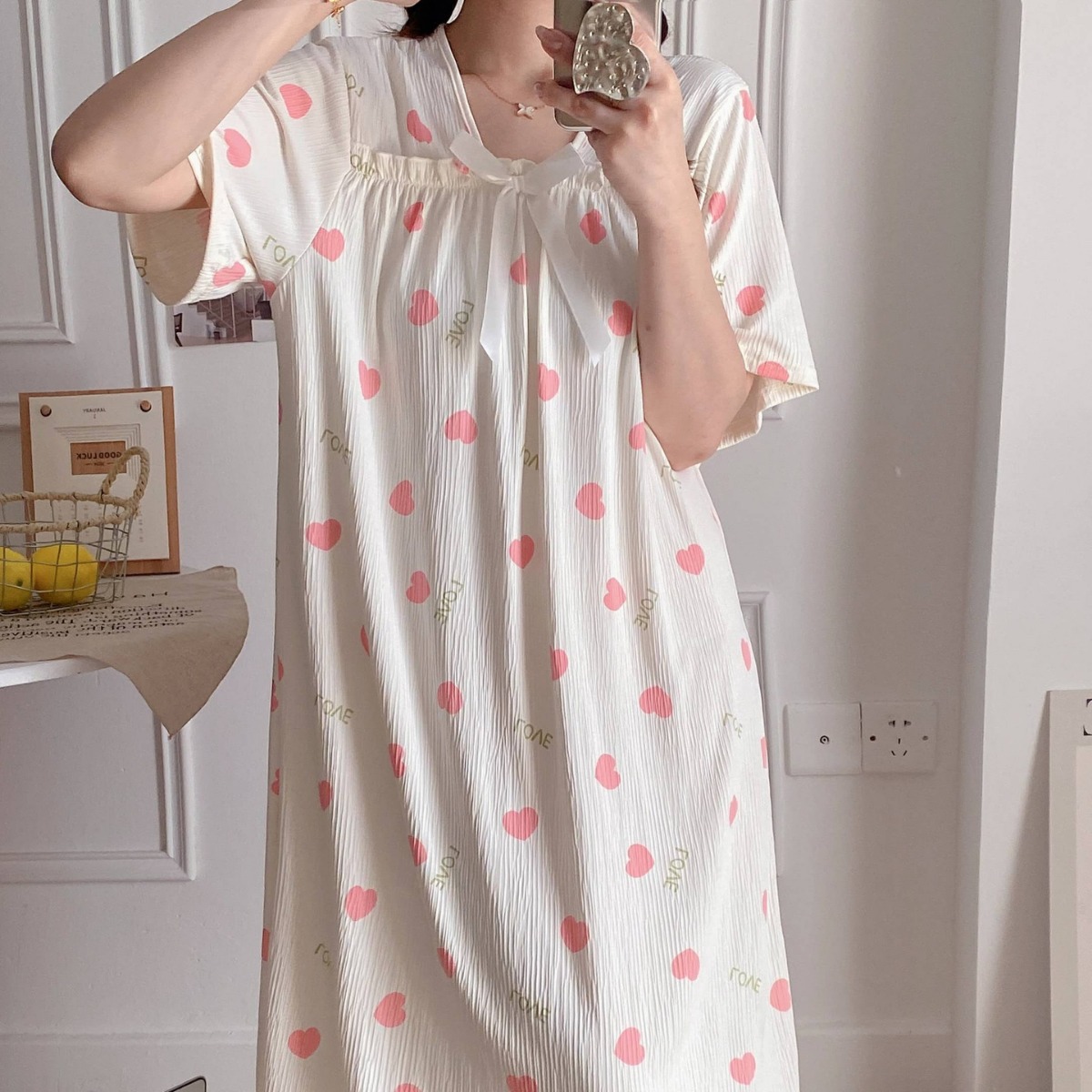 2024 pijamas de verano de encaje de algodón pijamas de cascada dibujos animados de manga corta ropa para el hogar media y larga adorable dulce al por mayor