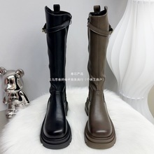 胖妹妹加肥加宽厚底高筒靴女英伦风侧拉链加绒骑士靴女弹力长靴冬