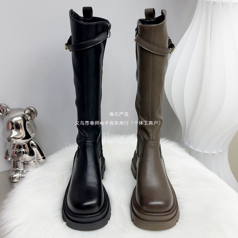 胖妹妹加肥加宽厚底高筒靴女英伦风侧拉链加绒骑士靴女弹力长靴冬