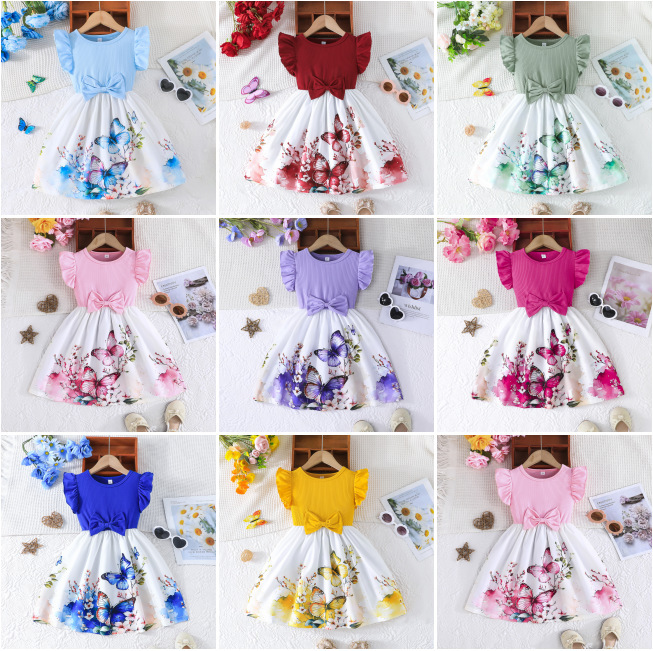 Cross-border e-commerce new small fly sleeve cartoon butterfly printing foreign style girls dress