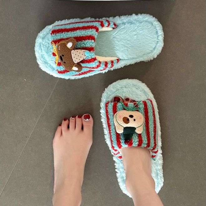 Moda versátil estilo retro lindas zapatillas de pelo de oso damas 2026 otoño y invierno nuevas zapatillas de algodón de peluche a rayas image 4