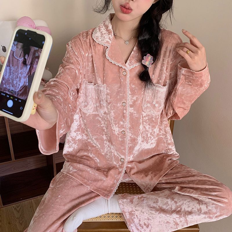 金丝绒睡衣女款秋冬季韩系甜美ins开衫长袖套装宽松可外穿家居服|undefined
