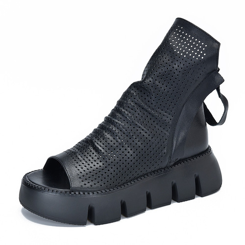 【】Tiannige original fashion thick-soled platform shoes cowhide sandals genuine leather hole shoes fish mouth women's shoes