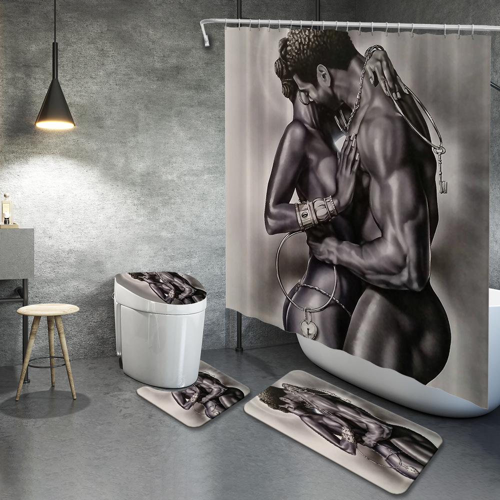 厂家直销新款简约非洲女孩国王防水涤纶浴帘DIY3D印花浴室四件套
