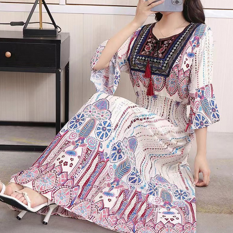 Ethnic Cross-border Long Dress High Waist Mid-sleeve Large Swing Skirt Round Neck Half-sleeve Beach Dress plus size Cotton Silk dress Ethnic Cross-border Long Dress High Waist Mid-sleeve Large Swing Skirt Round Neck Half-sleeve Beach Dress plus size Cotton Silk dress