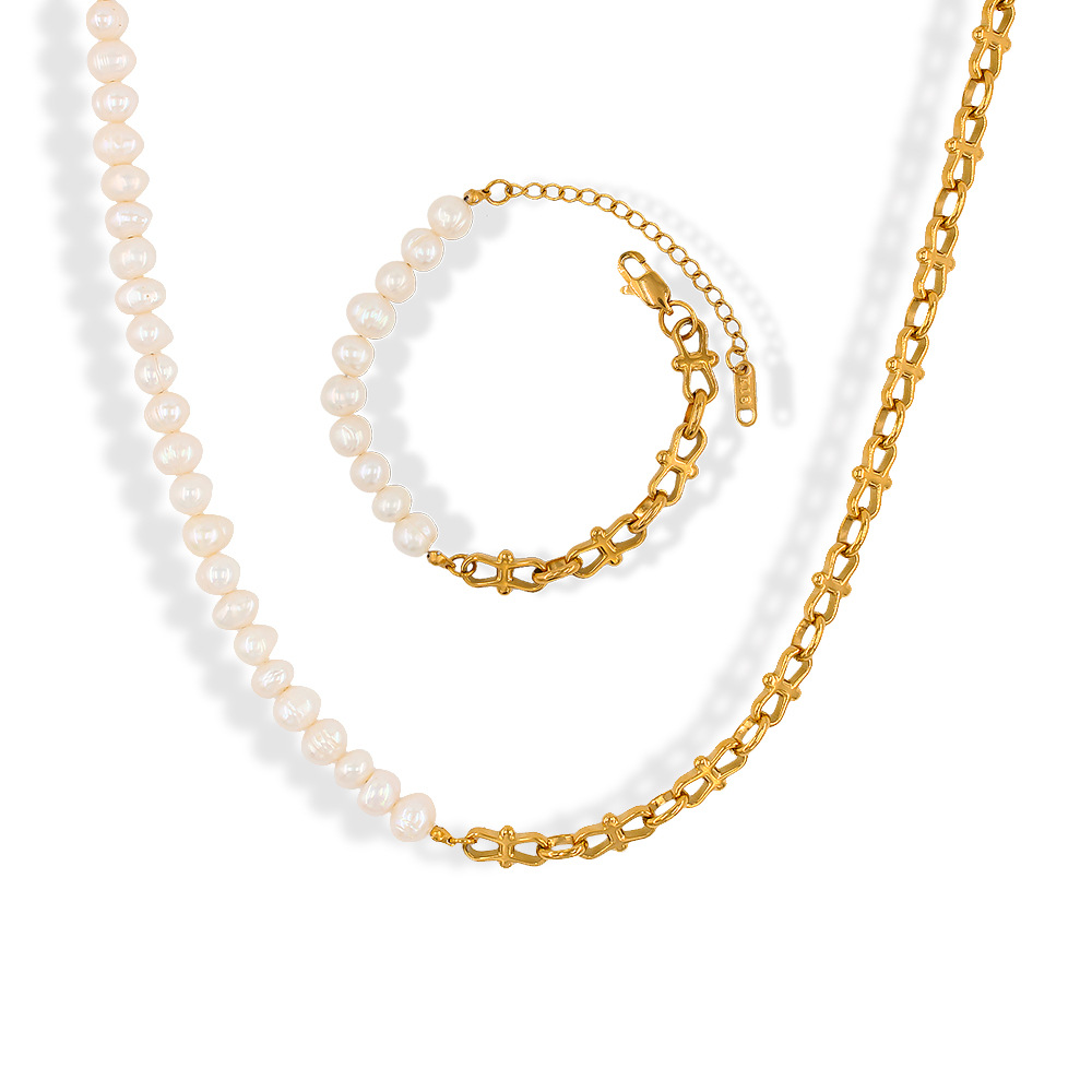 Fashion Color Block Pearl Titanium Steel Plating Bracelets Necklace 1 Piece