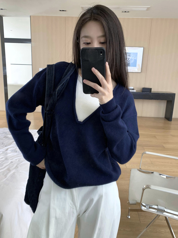 藏蓝假两件针织衫女秋冬季新款宽松高级慵懒风韩系毛衣长袖上衣|undefined