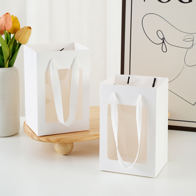 Window Bag in stock Transparent Window Handbag Creative Gift Window Paper Bag Flower bouquet Packaging Bag Portable