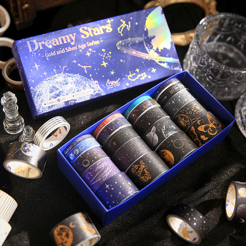 Diez conjuntos de cinta adhesiva estampada dorada estrella cosmológica fantasía retro decoración de material de paisaje cinta adhesiva 20 enrollamiento