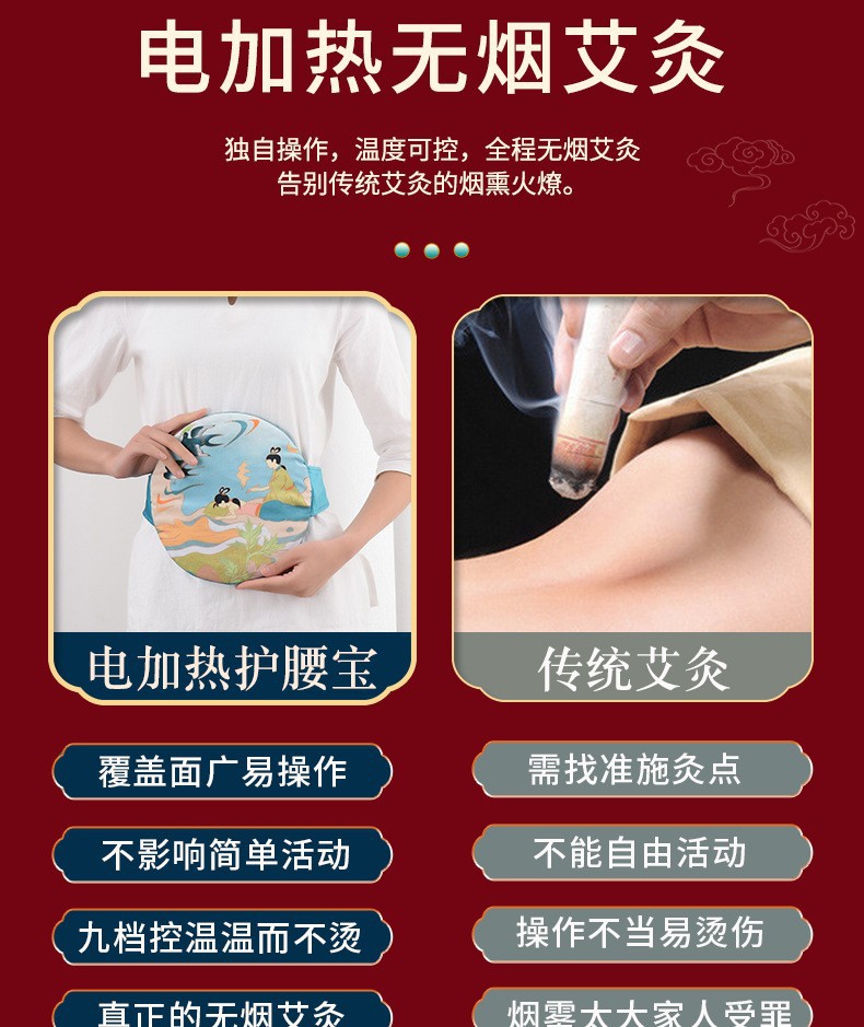 Electric Moxa Heat Pack Ai Jiu Bao Warming Compress Belt for Waist and Abdomen 9-Level Timer 220V specifications