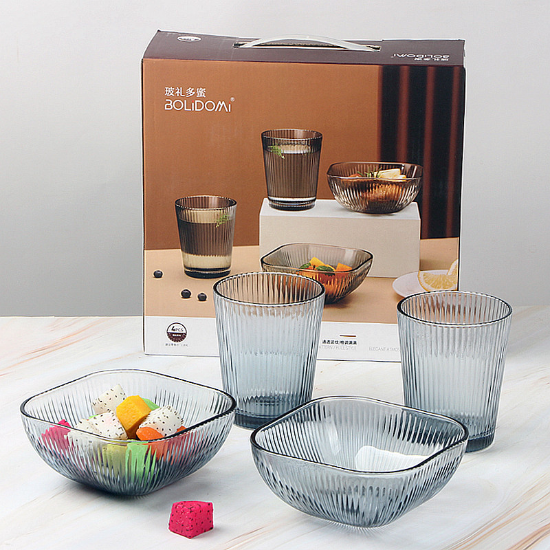 Creative vertical grain glass bowl set h...