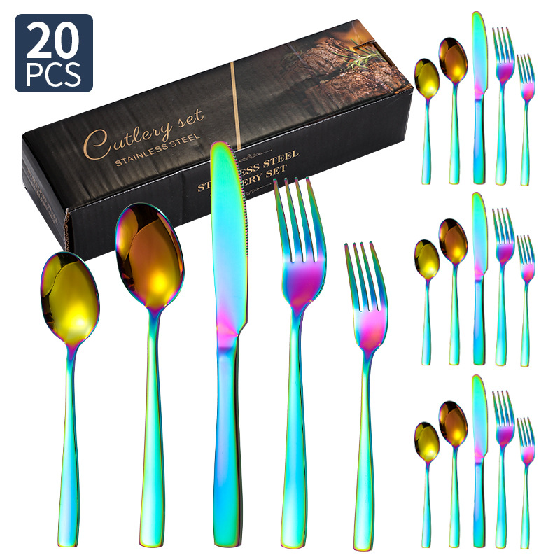 Transfronterizo Amazon cubiertos de acero inoxidable de mango cuadrado 20 / 24 / 30 piezas set cuchillo de filete de comida occidental tenedor cuchara set box