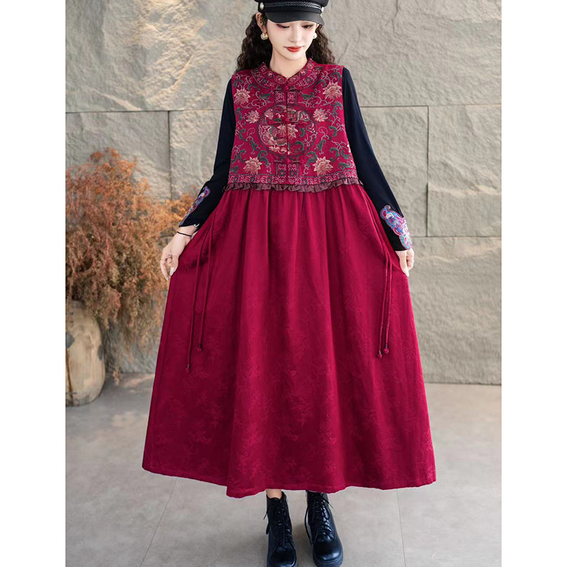 Autumn retro ethnic long dress sleevless