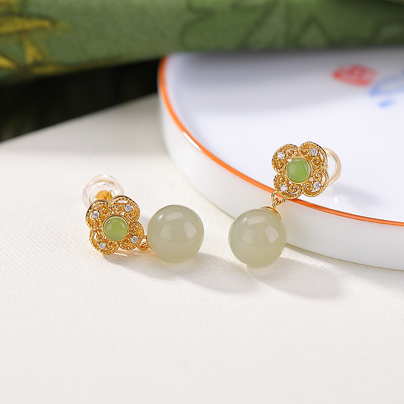 Bông tai bạc S925 mạ vàng đính ngọc bích phong cách Trung Hoa cổ điển — Thanh Thủy Ngọc