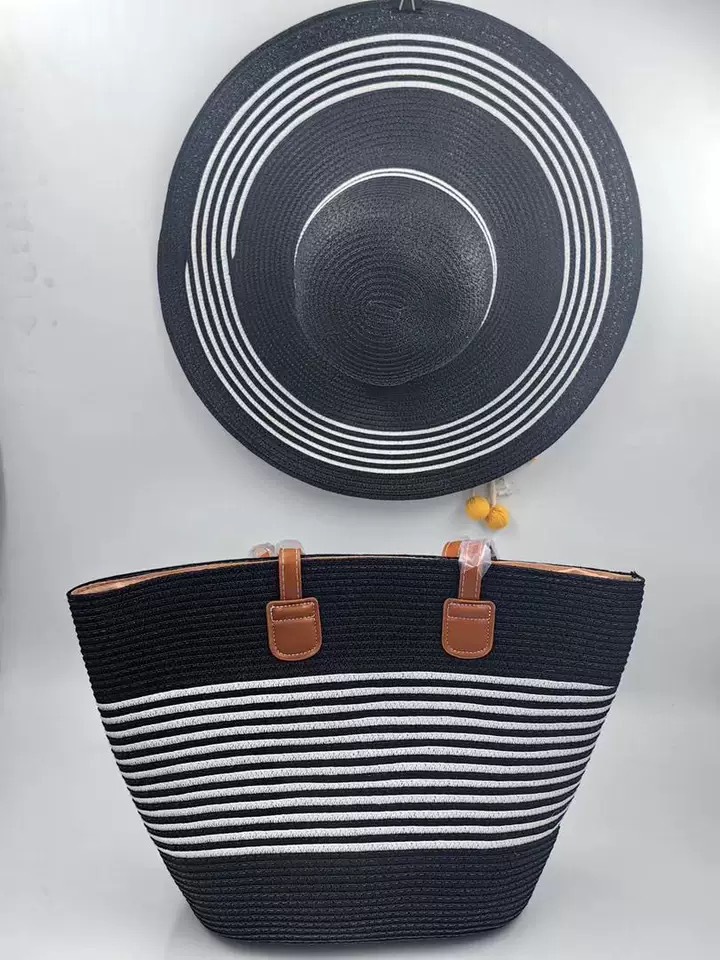 가방과 모자 세트 - 흰색 줄무늬가 있는 검정색