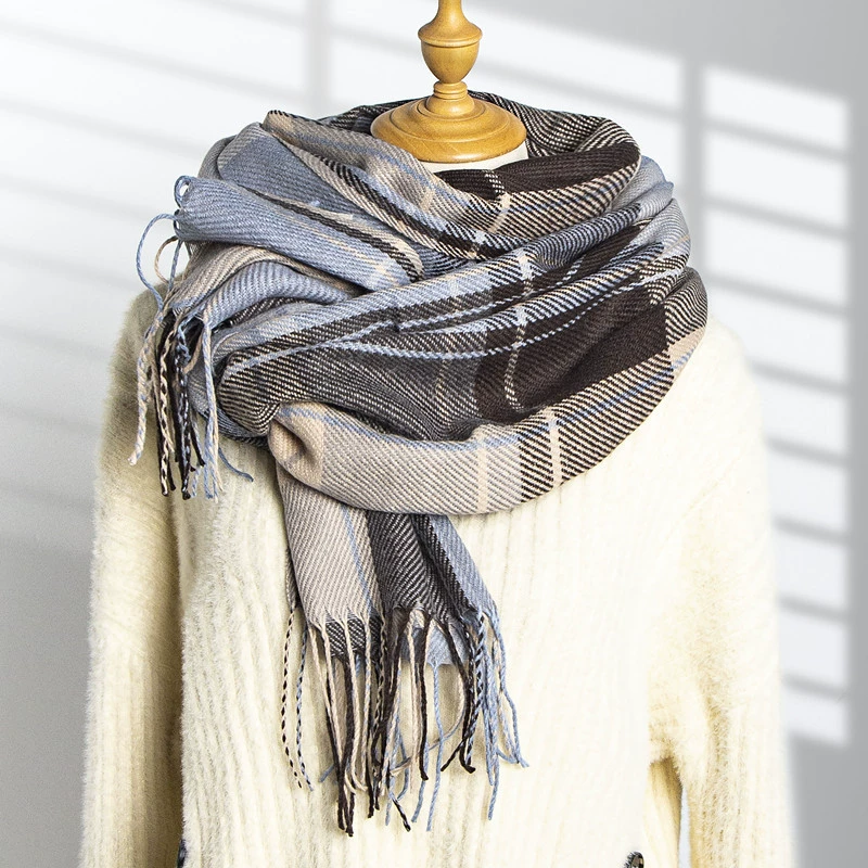 Double-Sided Faux Fur Scarf, 200×60 cm, Long Warm Soft Korean Style Plaid