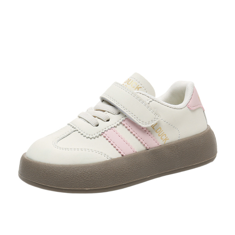 Pato amarillo zapatos para niñas zapatos de entrenamiento para niños primavera y otoño 2025 nuevo cuero impermeable zapatos deportivos para niños zapatos blancos pequeños